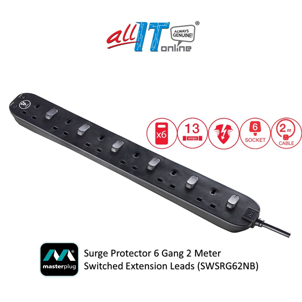 Masterplug Surge Protector 6 Gang 2 Meter Switched Extension Leads