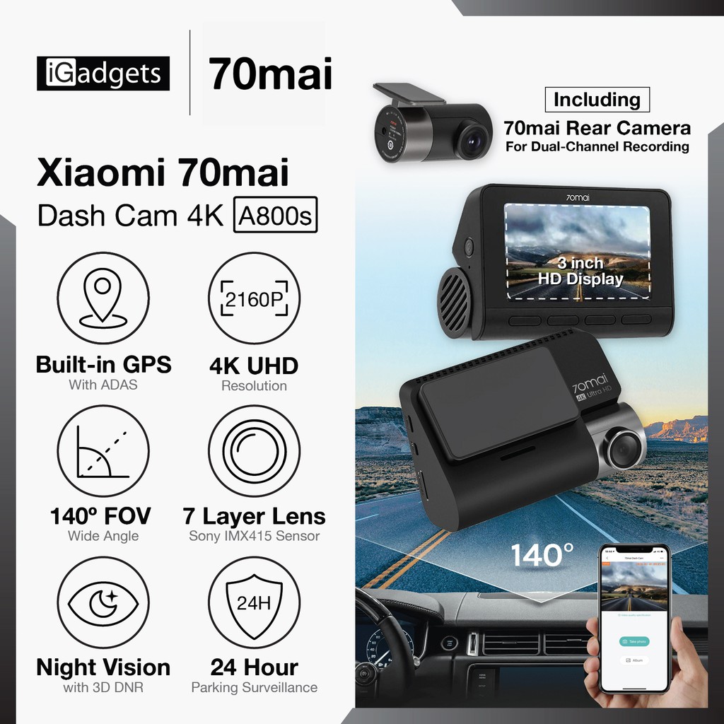70mai True 4K Dash Cam A800S With Sony IMX415, Front And Rear, Built In