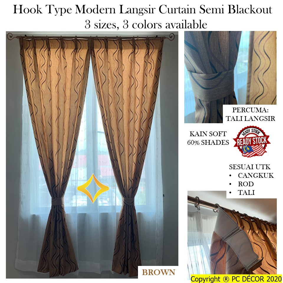 Hook Type Modern Langsir Curtain Semi Blackout Langsir Pintu Door
