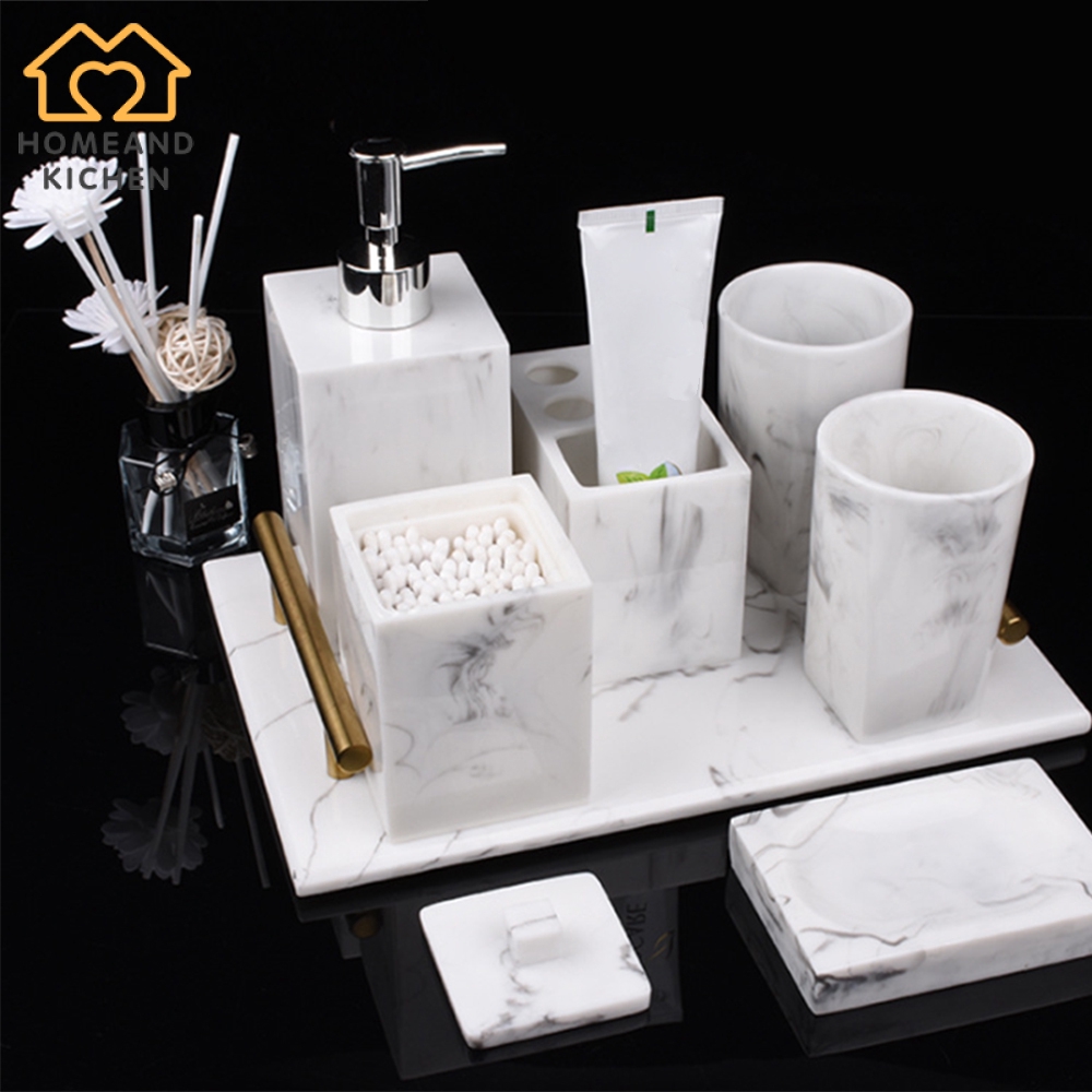 5pcs Resin Bathroom Accessories Set Marble Texture Toothbrush Holder