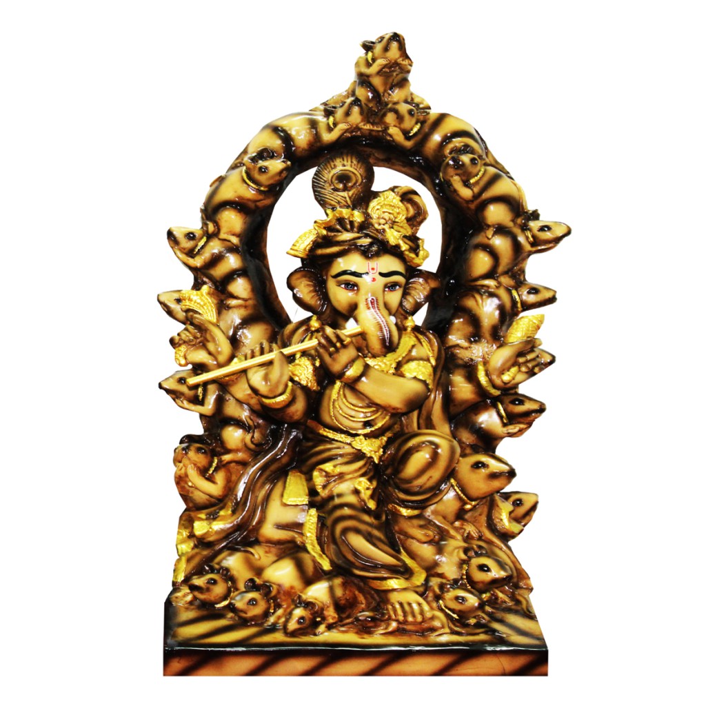 Golden Bal Ganesha Baby Vinayagar Eli Vinayagar Statue Playing Bansuri
