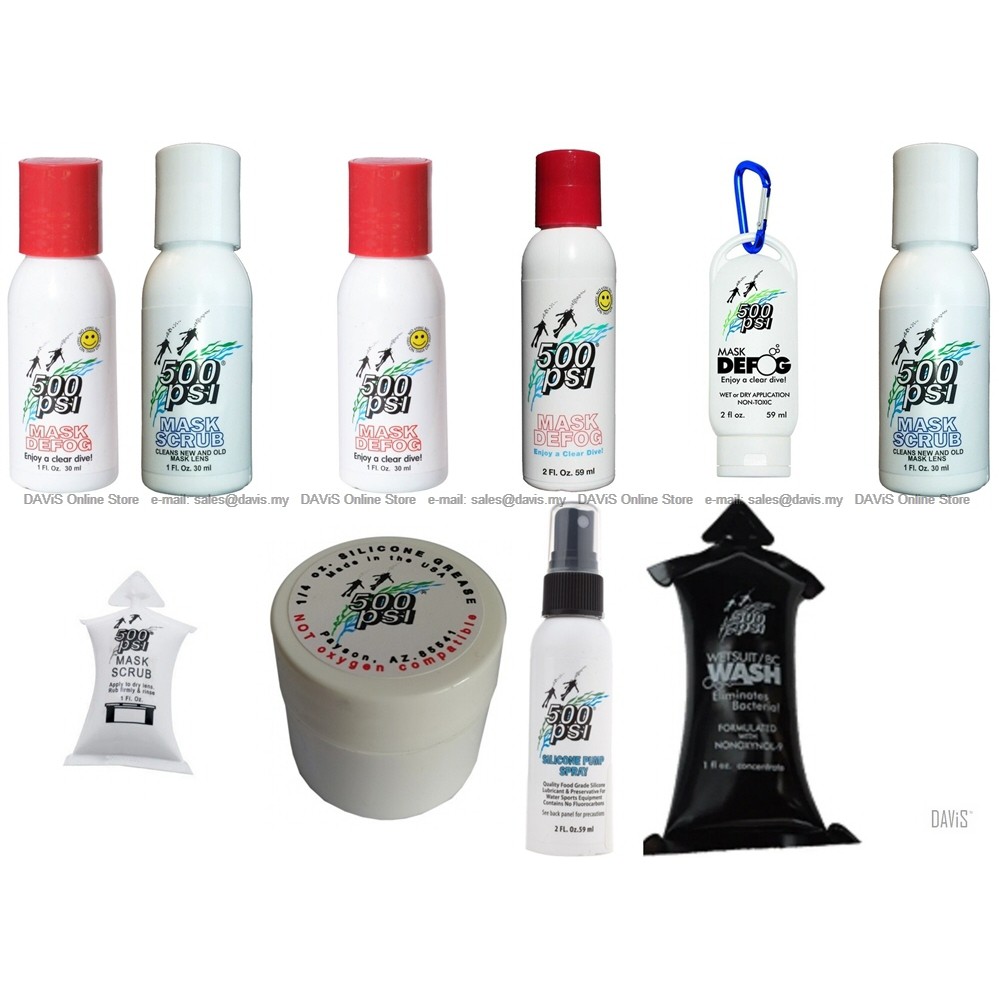 500 PSI Combo Defog Mask Scrub Pack / Silicone Grease / Silicone Spray / Wetsuit BCD Wash