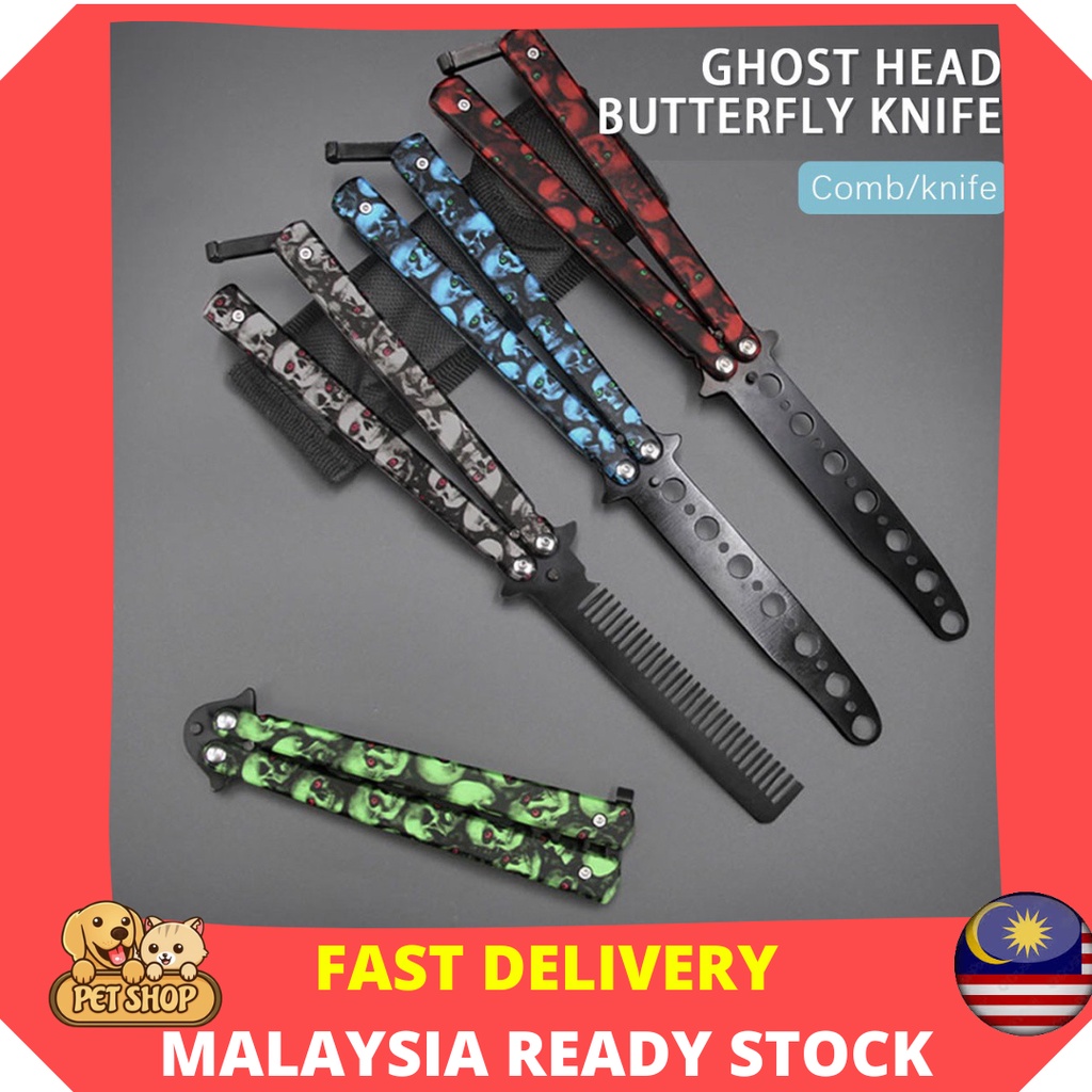 Ghost Head Stainless Steel Butterfly Knife Comb Hair Foldable Training Practice Sikat Rambut
