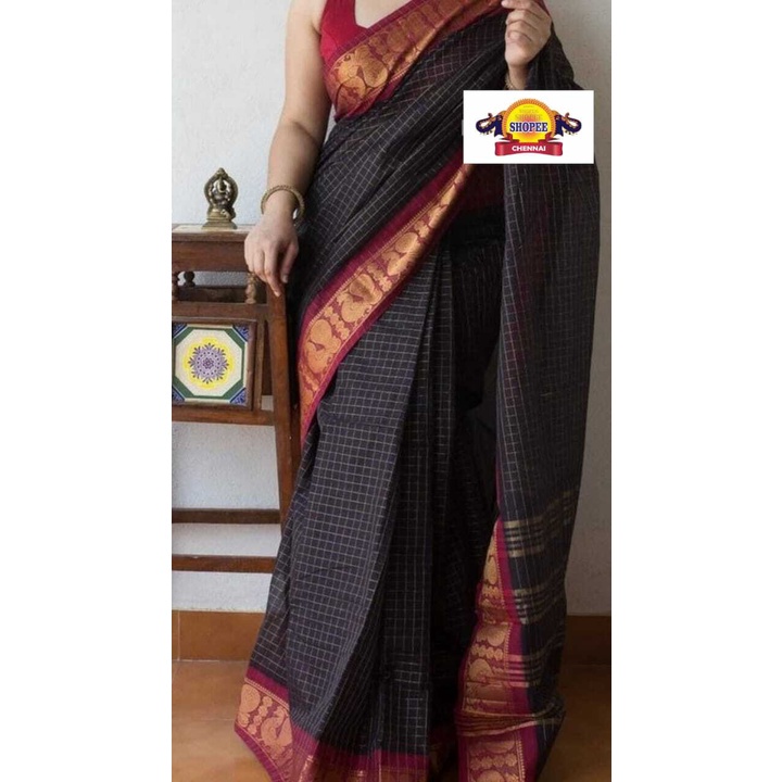 Chettinad handloom kandangi cotton saree with red woven peacock border