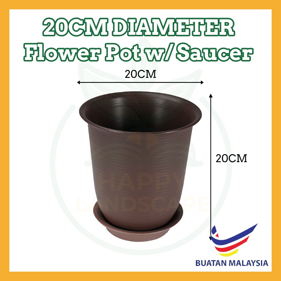20CM Diameter Round Flower Pot with Saucer Pasu Bunga Bulat for Indoor