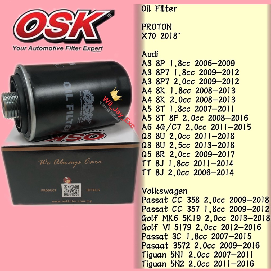 OSK O52100S OIL FILTER PROTON X70,AUDI A3,A4,A5,A6,Q3,Q5,TT