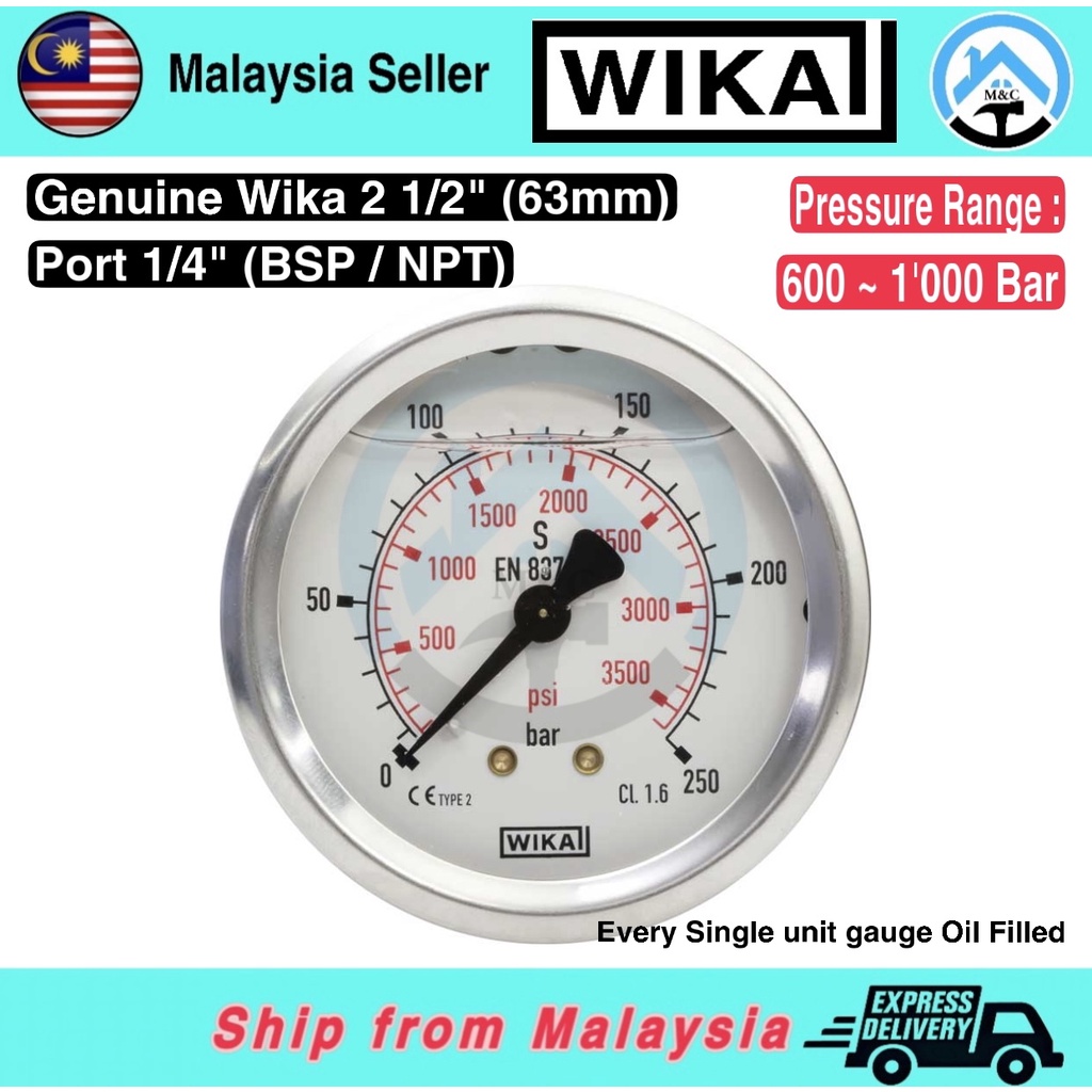 [Wika] 100 Original Pressure Gauge, 600Bar1"000Bar, Diameter 2" 1/2