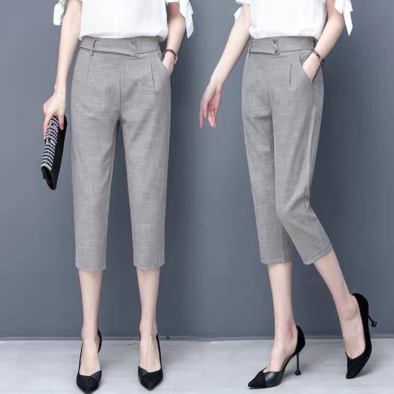 Women Fashion Blazer Pencil Pants Female Elastic Waist Cotton Linen Three Quarter Formal