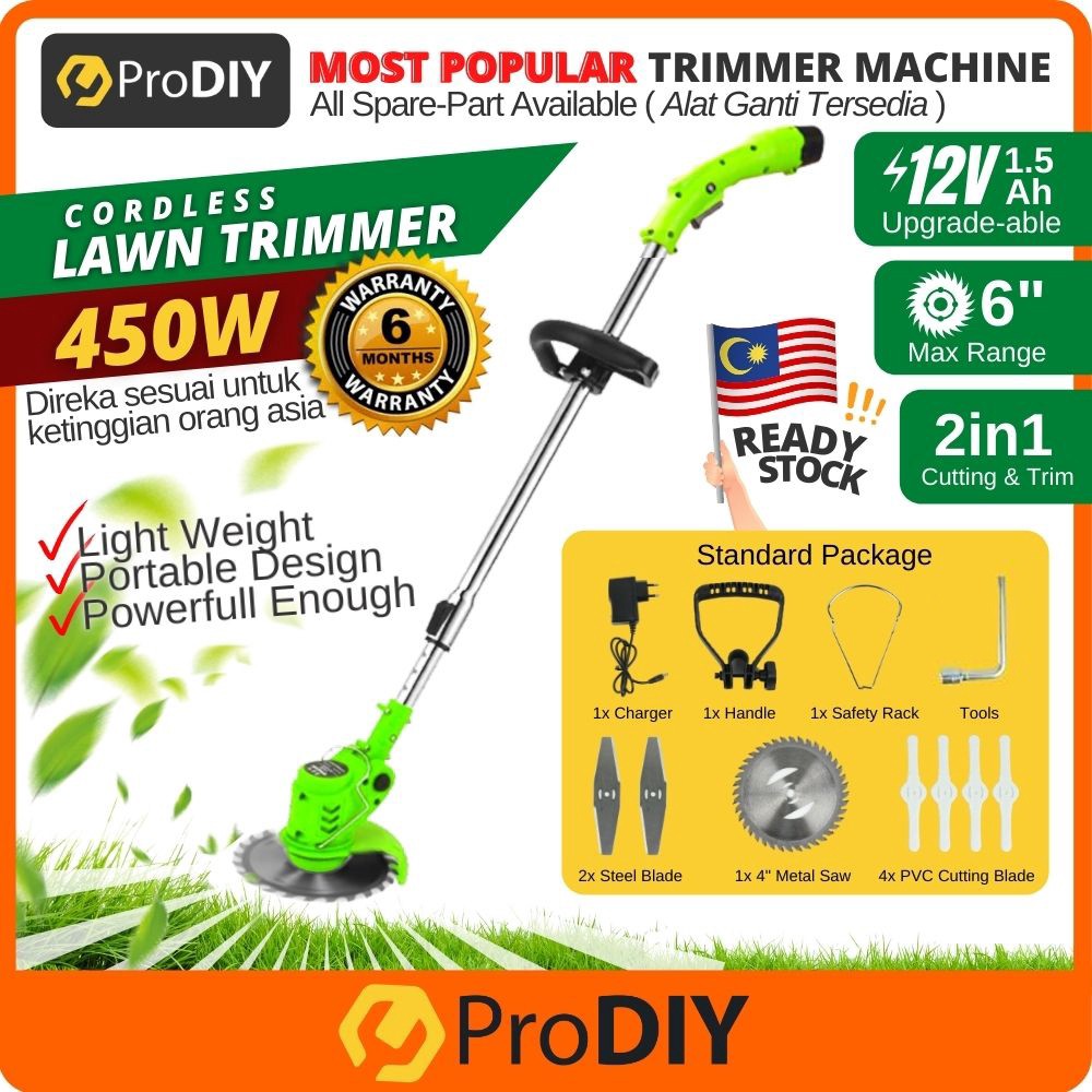 Malaysia Ready Stock PRODIY 12V Lithium Battery Cordless Grass Trimmer