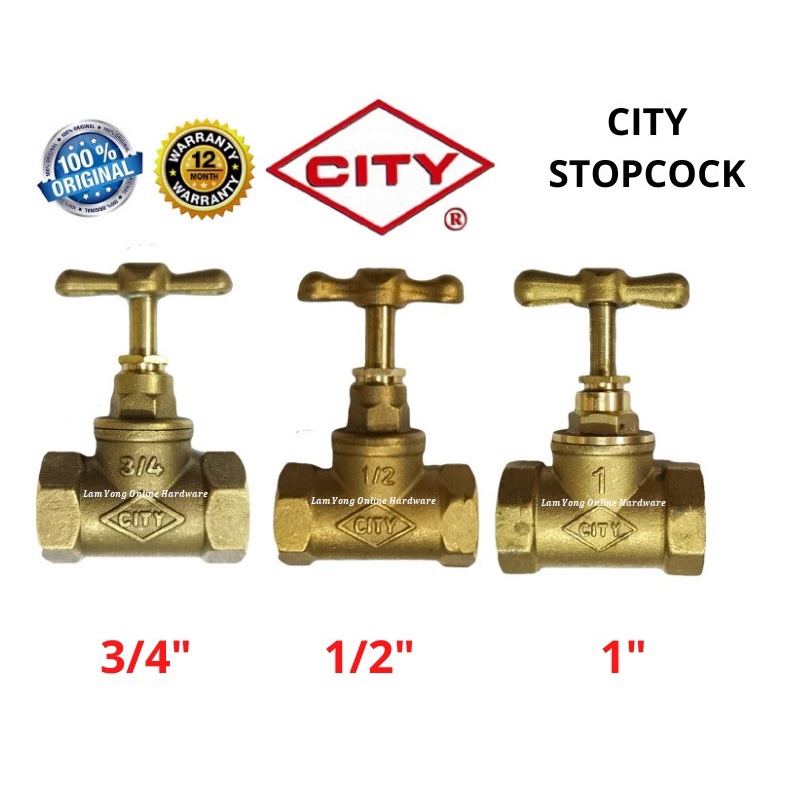 CITY Brass Stopcock 1/2" , 3/4" , 1" Light Duty Stop Valve Bathroom