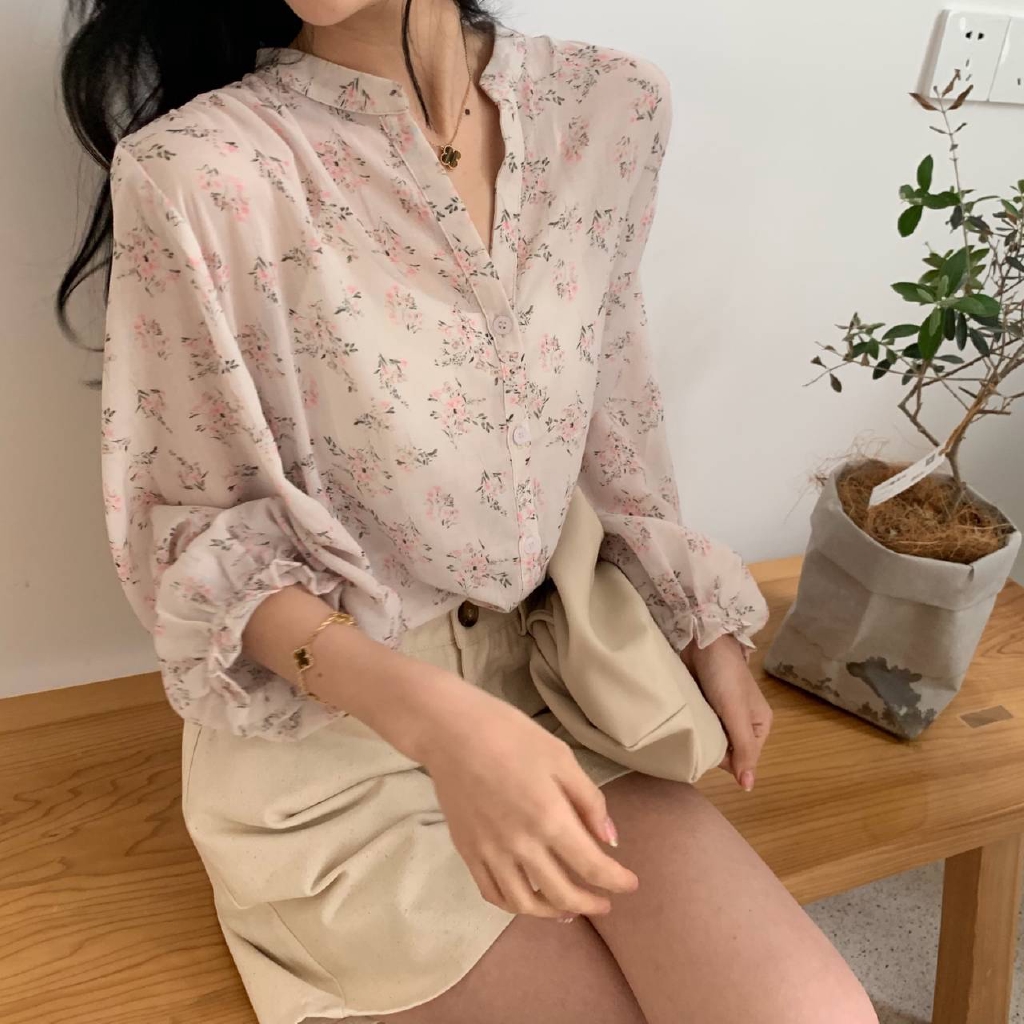 korean style women ladies loose chiffon flower long sleeve