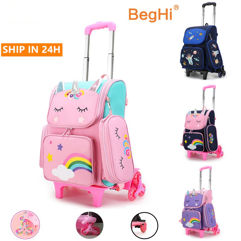 Beg Sekolah Roda School Bag Trolley Beroda Kanak 6 Wheel Unicorn Troli