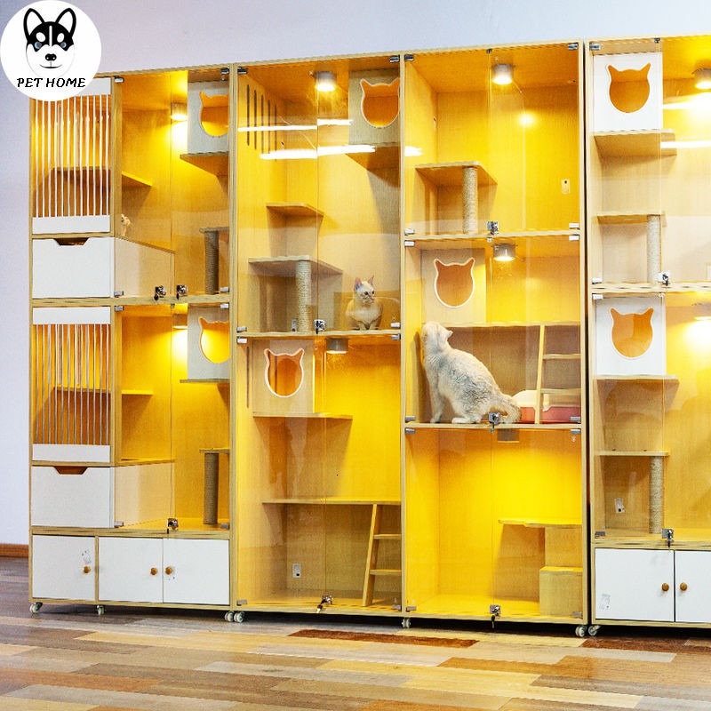 Solid Wood Cat Cage Villa Display Glass Cat House Foster Cage