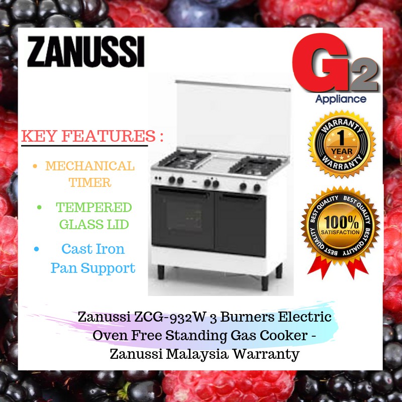 Zanussi ZCG932W 3 Burners Electric Oven Free Standing Gas Cooker Zanussi Malaysia Warranty