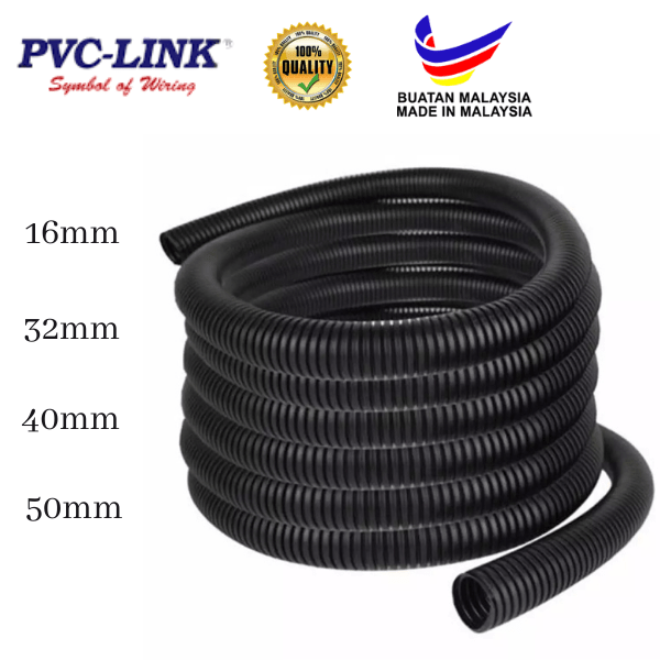 [1meter] PVCLINK Flexible Corrugated PVC Conduit, Ducting, Pipes, Black, 16mm 50mm Shopee