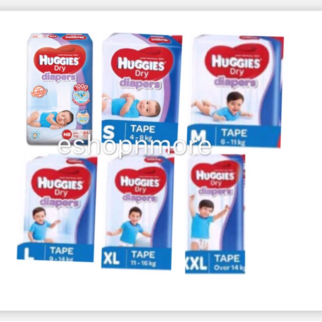 Huggies Dry Tape Diapers Super Jumbo Pack NB64/S84/M72/L60/XL48/XXL40