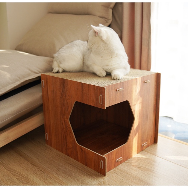 Wood Cat House with Scratch Board Cat Square Corner Box Cat Wood Box