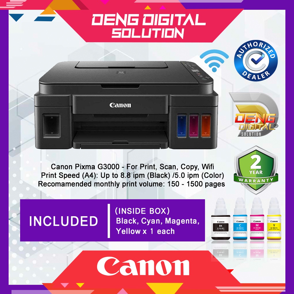 Canon Pixma G3000 Ink Efficient Tank Printer (Print, Scan, Copy, Wifi
