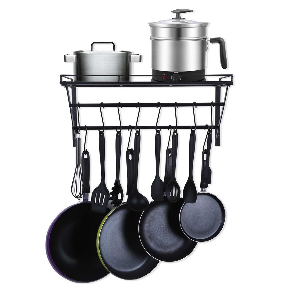 Wall Mounted Pot Rack Storage Shelf with 2 Tier Hanging