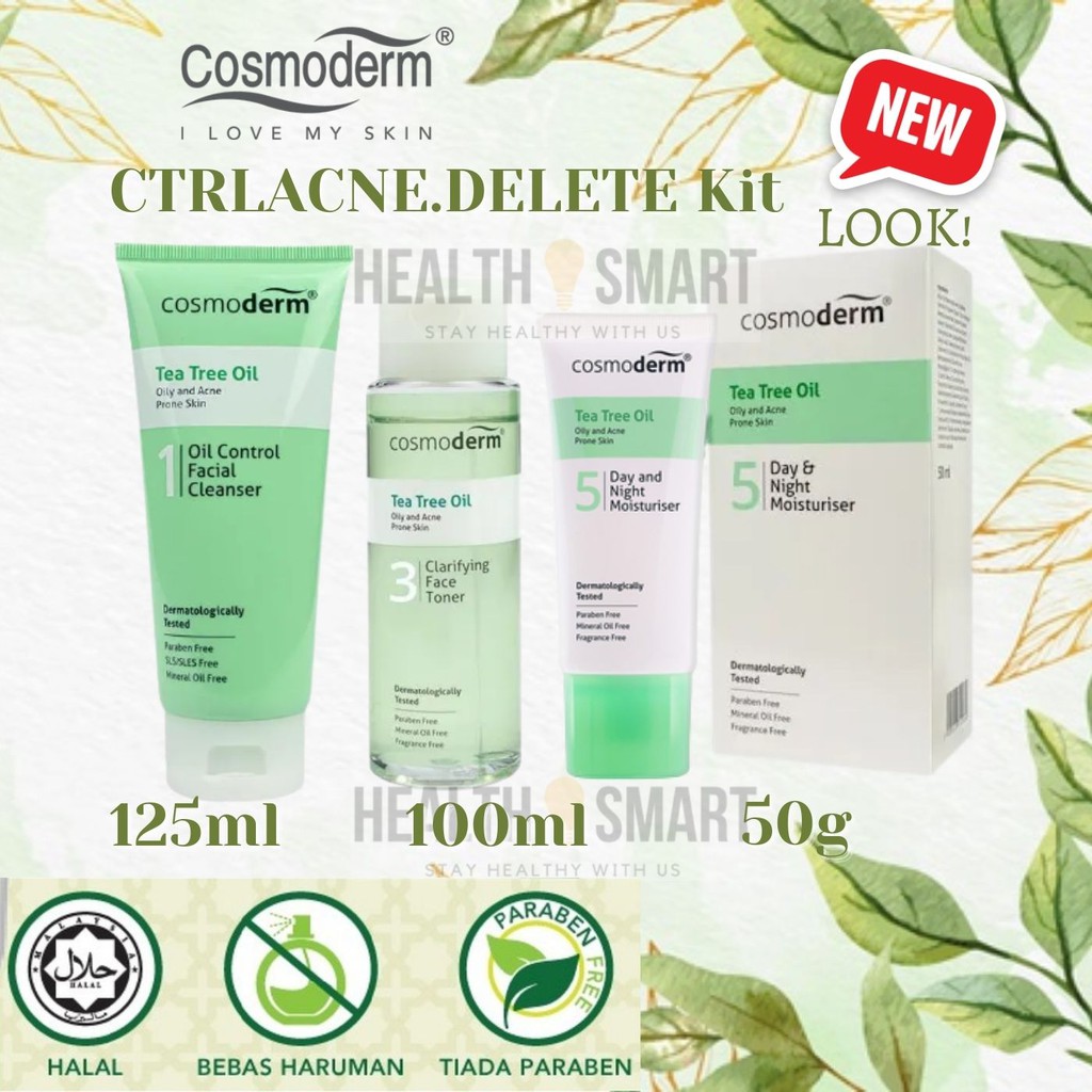 Cosmoderm Tea Tree Oil Anti Acne Skin Set [Cleanser+Toner+Moisturiser