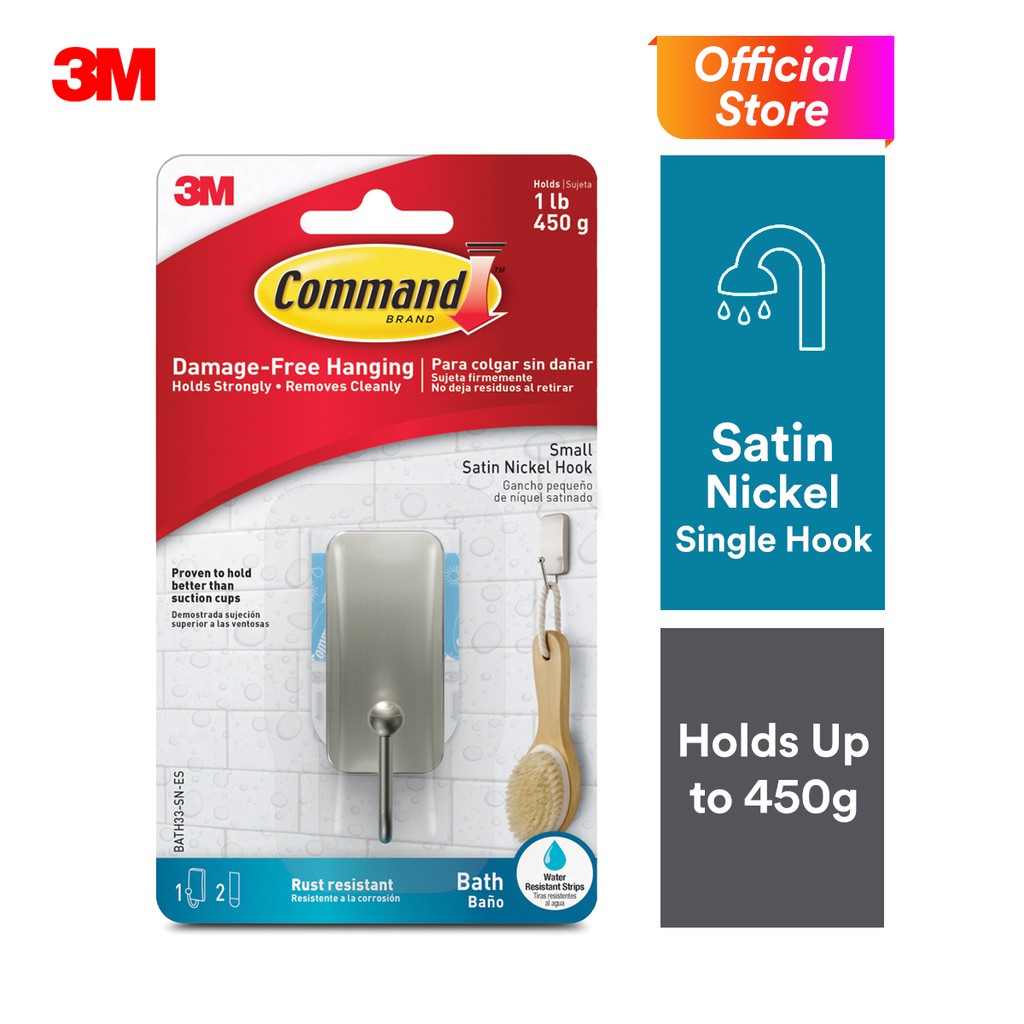 3M Command Bath Small Satin Nickel Hook (Holds Up To 450g) (1pcs/pck
