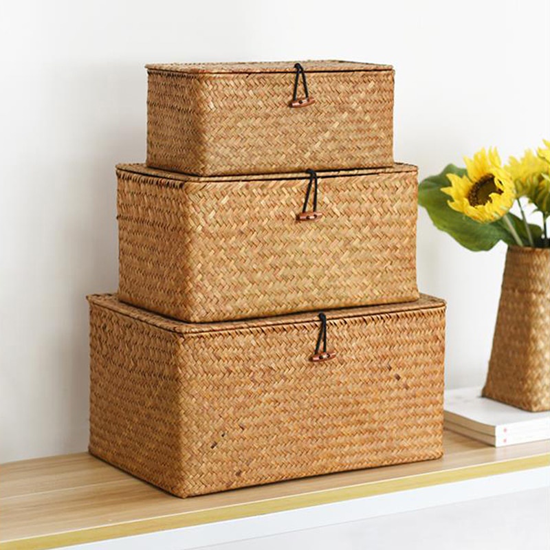 Ready Stock Handwoven Seagrass Storage Box with Lid Wicker Basket