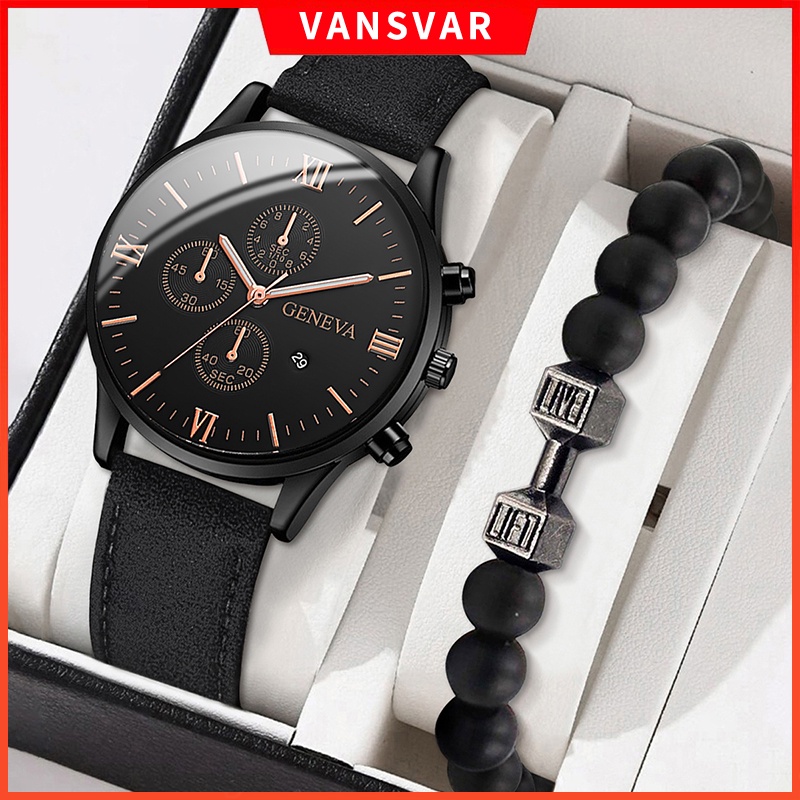 Geneva Men Watches Casual Leather Band Quartz Watch with Calendar Shopee Malaysia