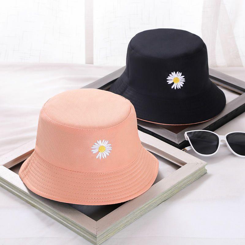 Women Bucket Fishing Hats Daisy Smile Cap Double Sided Wear Spring Lady