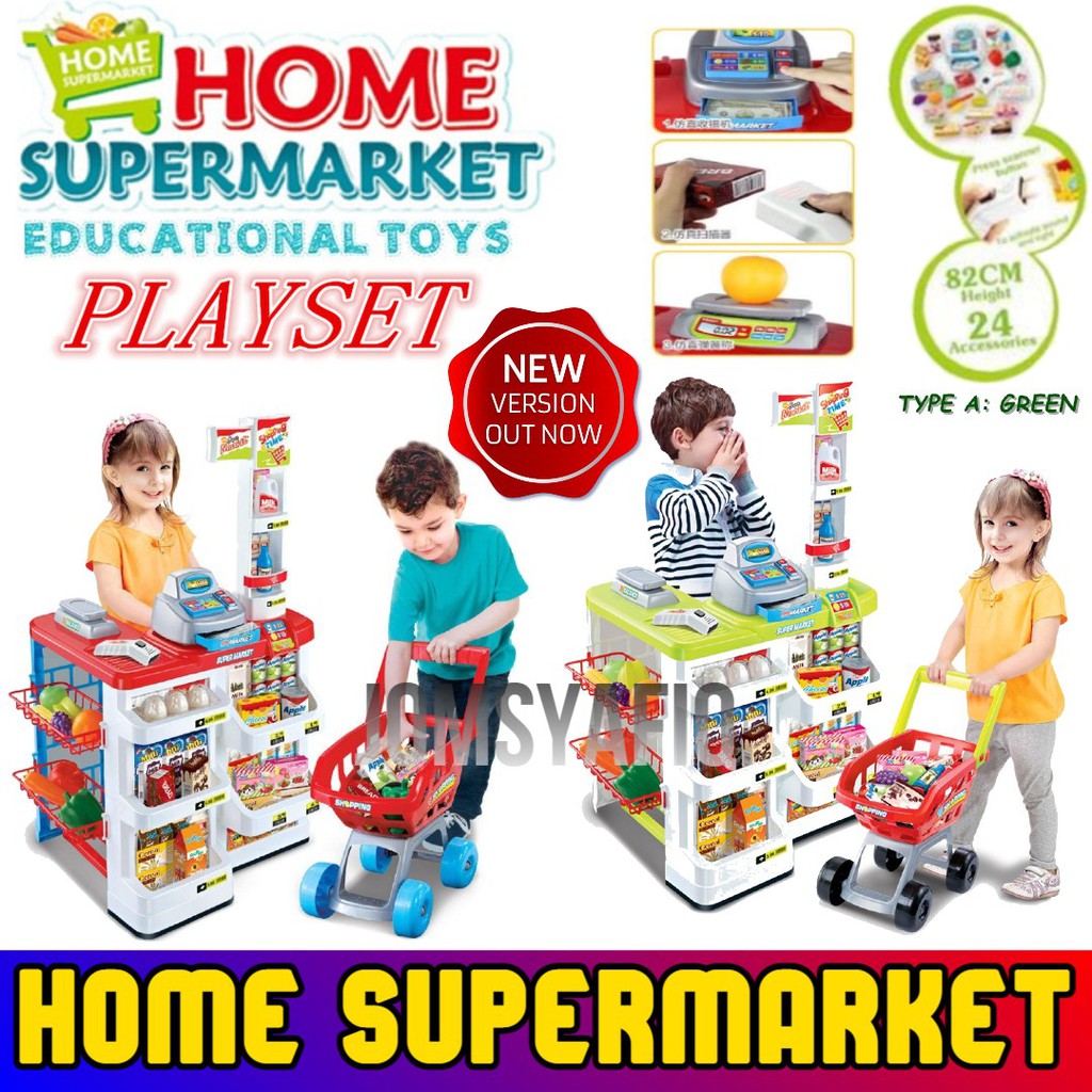 { READY STOCK } Pretend Home Supermarket kids Play Set with trolley Toy
