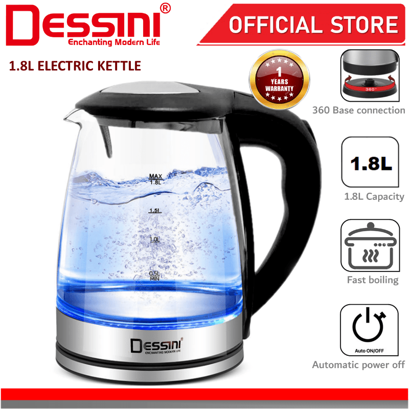 DESSINI ITALY Glass LED Light Electric Kettle Automatic Cut Off Boiler