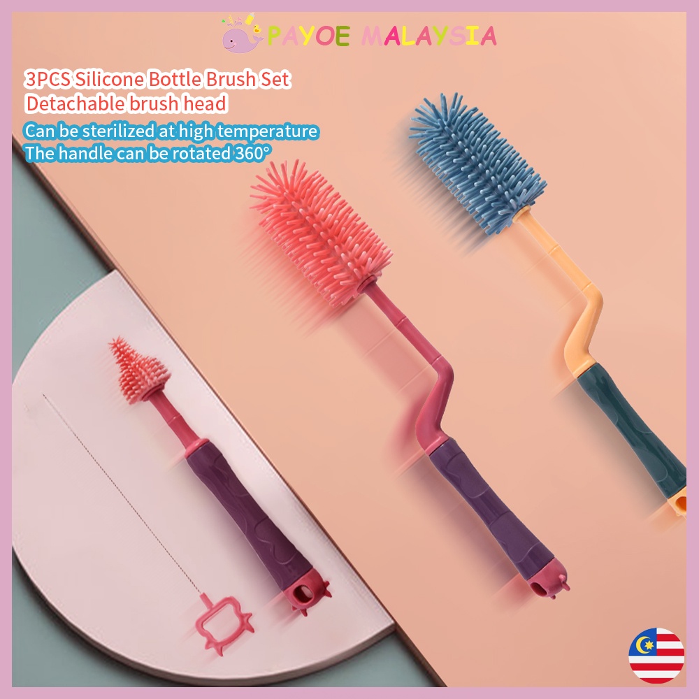 PAYOE 3in1 Soft Silicone Baby Bottle Brush 360°Rotate Cleanning Brush