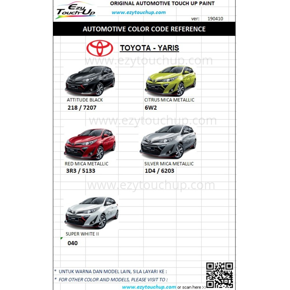 Toyota Yaris Paint Color Codes