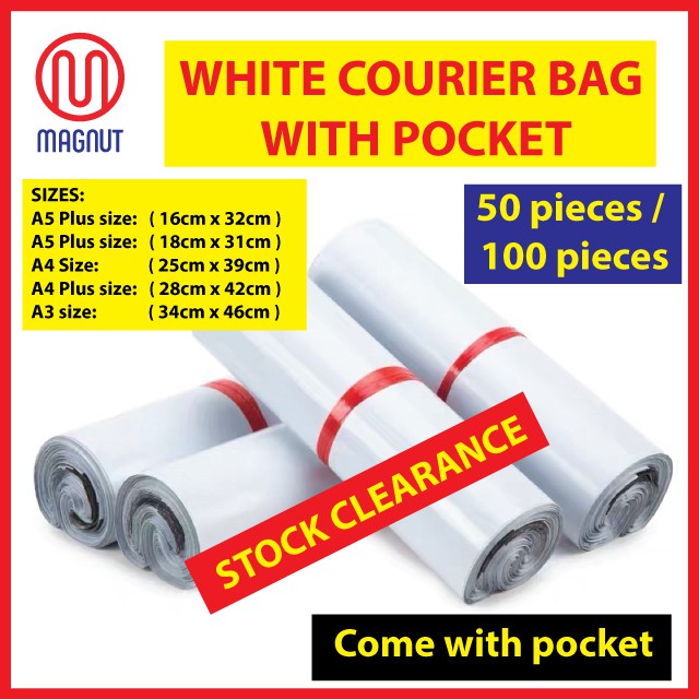 100pcs White Courier Bag with Pocket / Beg Kurier /Flyer Plastic Bag