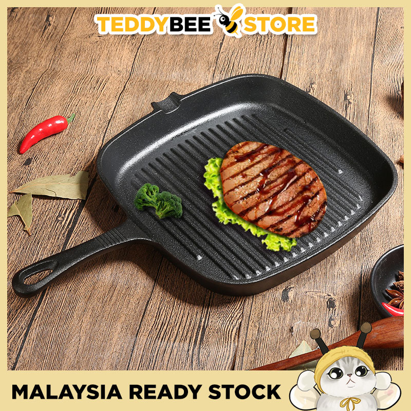 23cm Preseasoned Square Cast Iron Grill Pan Steak Grater BBQ Grill