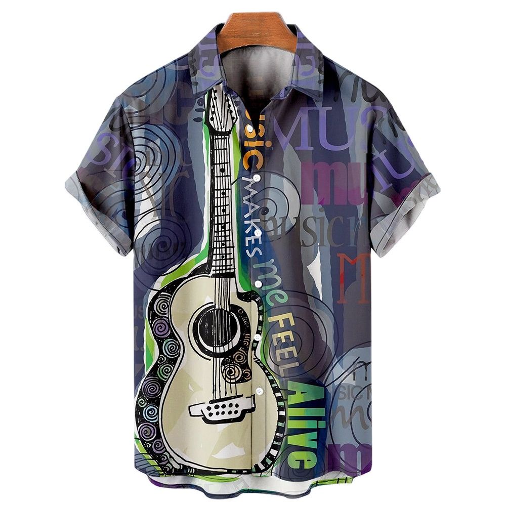 Men's Fashion Music Guitar Printed Shirt Men's Rock Hip Hop Top Men's