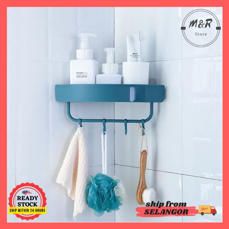 [Ready Stock] No Drill Wall Shelf Bathroom Corner Storage Rack Toilet