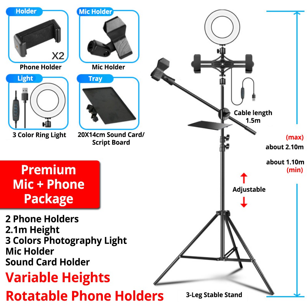 Professional 2.1m Mic Stand Video Light 3 Phone Holder Recording