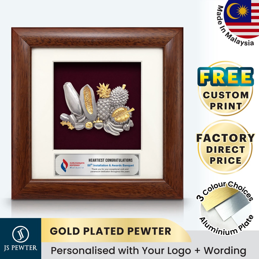 (JS Pewter) Malaysian Fruits Gold Plated Pewter 7" x 7" Solid Frame