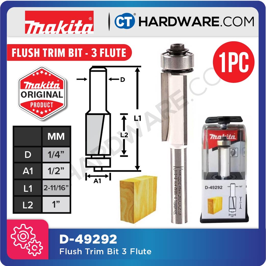 MAKITA ROUTER BIT FLUSH TRIM BIT 3 FLUTE 1/4" SHANK (1/2" DIAMETER ) & 1/2" SHANK (1/2
