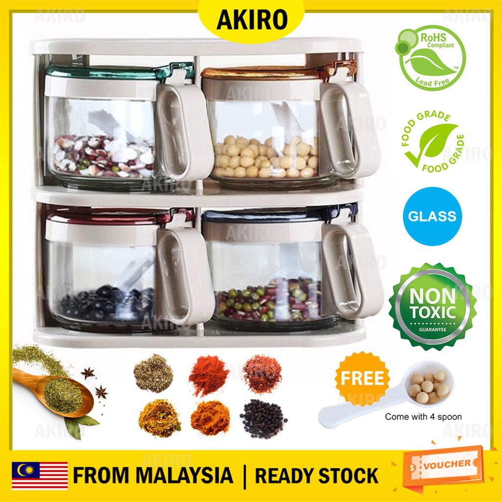 AKIRO CLEAR STOCK 4pcs Food Safe 300ml Kitchen Storage LeadFree Glass