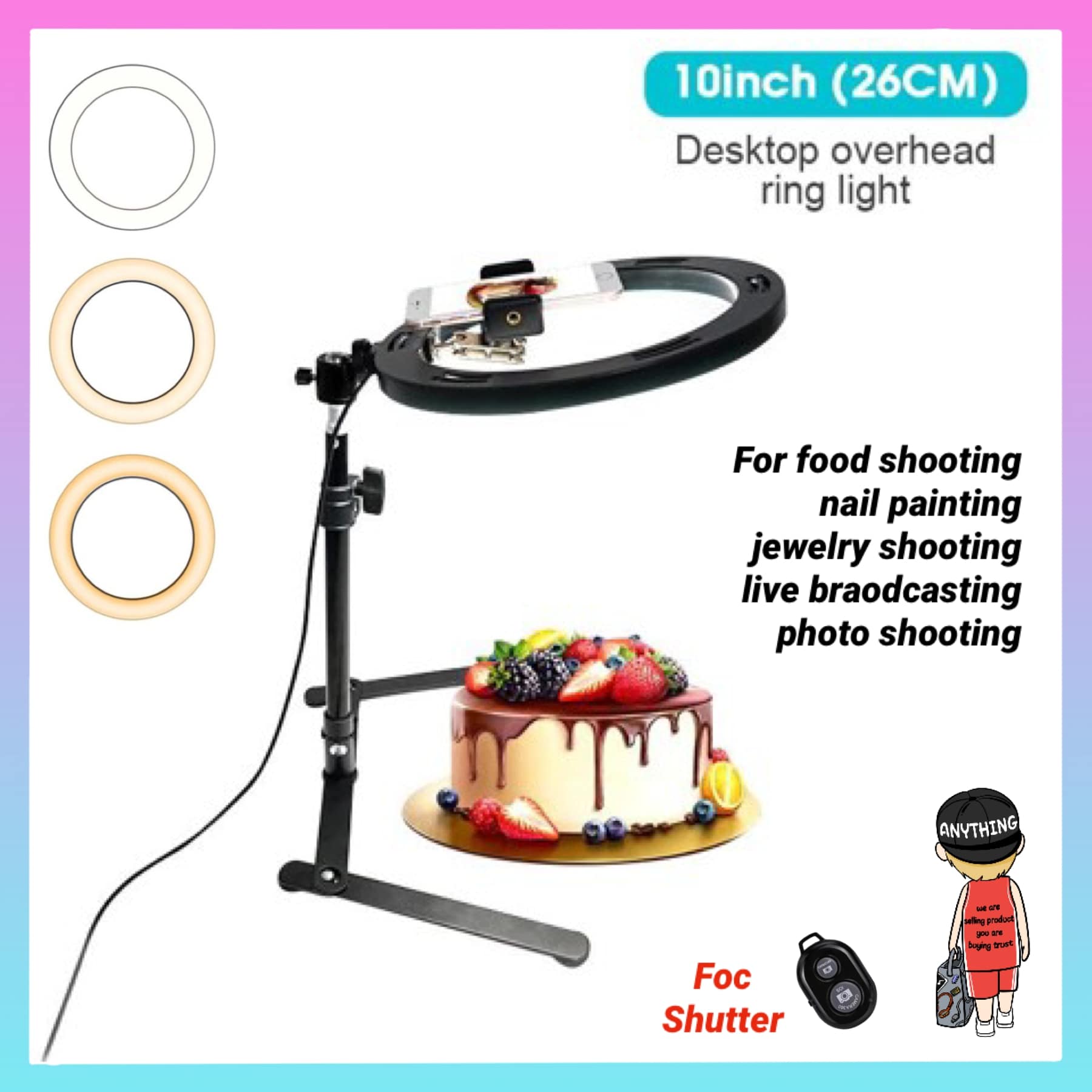10inch/26cm Desktop Ring Light Overhead Food Decorate Jewelry Desktop