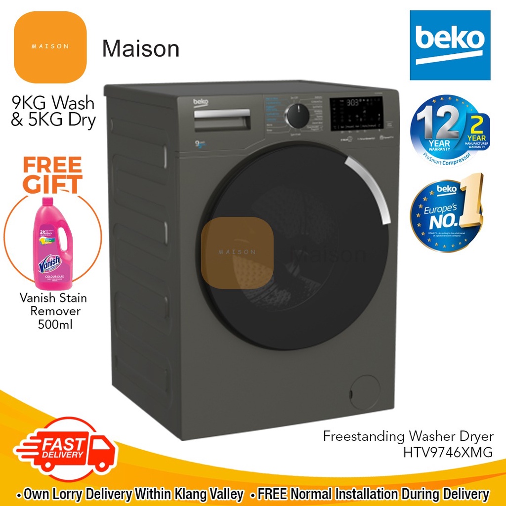 [12.12 Sales] Beko Inverter Washer Dryer 9kg / 5kg HTV9746XMG (Made In