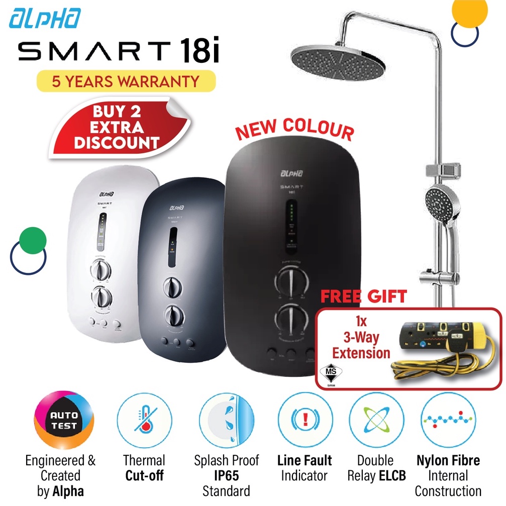 Alpha Water Heater Smart 18I Plus Inverter DC pump Rain Shower Black / white + FREE GIFT