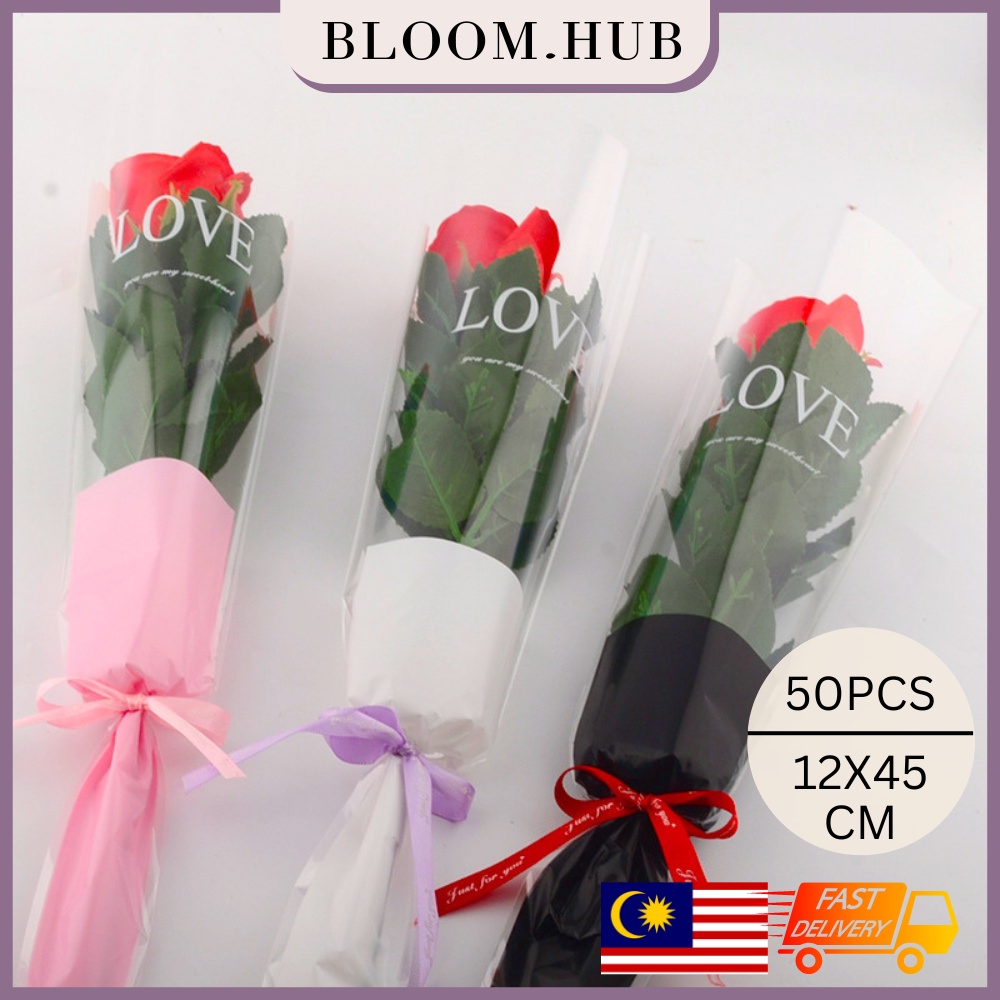 BLOOM.HUB 50PCS LOVE Single Stalk Flower Wrapping Paper Plastic OPP Bag