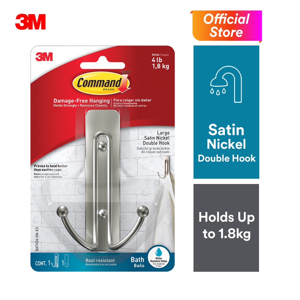3M Command Bath Large Satin Nickel Double Hook (Holds Up To 1.8kg