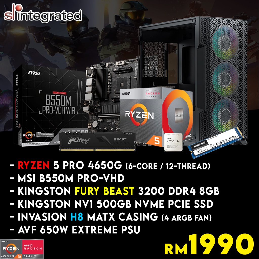 Gaming PC Package with RYZEN 5 PRO 4650G (8GB 3200Mhz DDR4 / 500GB NVMe