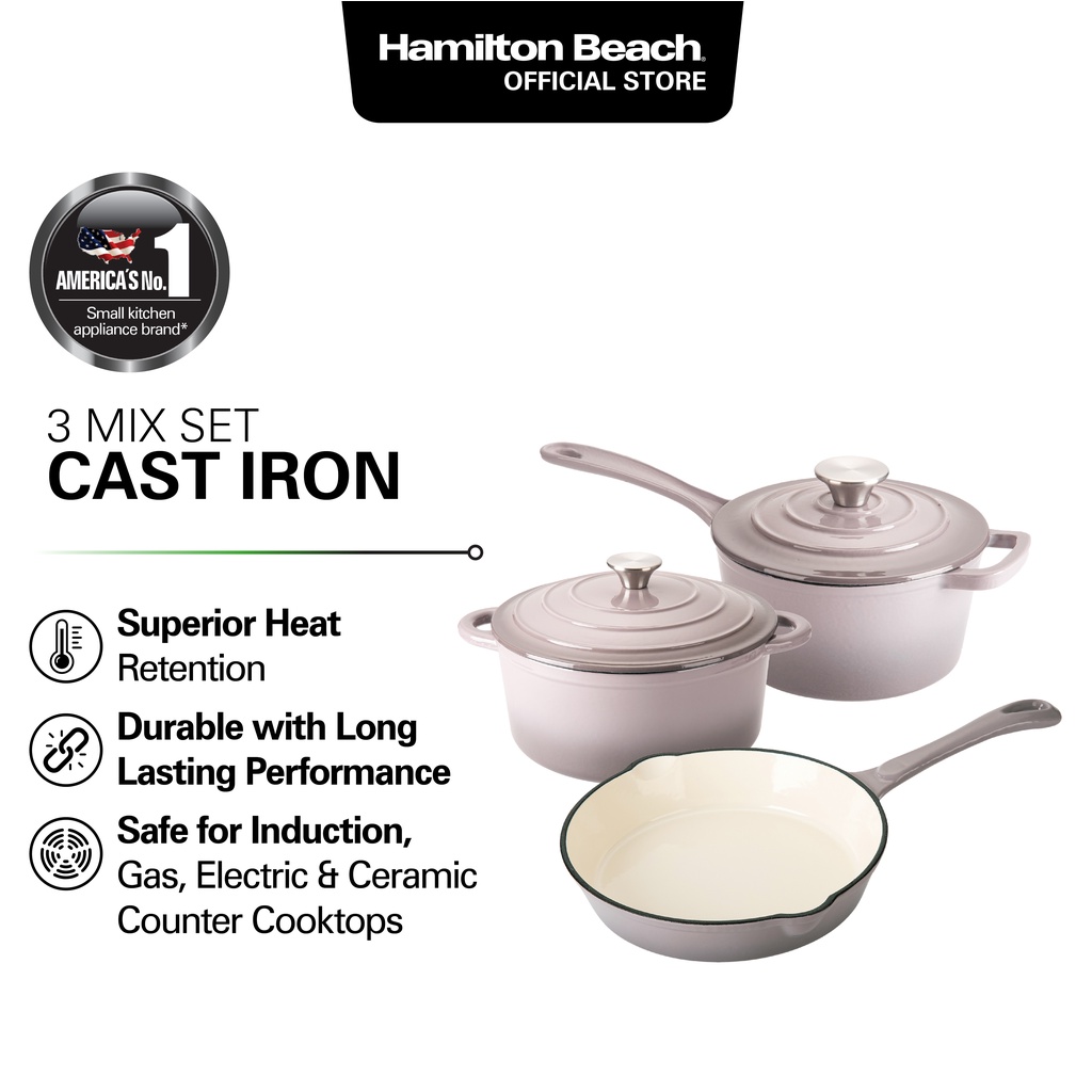 [Bundle] Hamilton Beach 3pcs Cast Iron Pots & Pans Set 8in Fry Pan, 1