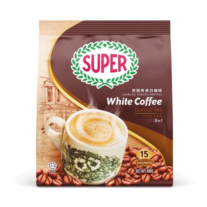 SUPER WHITE COFFEE 3IN1 CHARCOAL ROASTED CLASSIC 40G x 15 SACHETS
