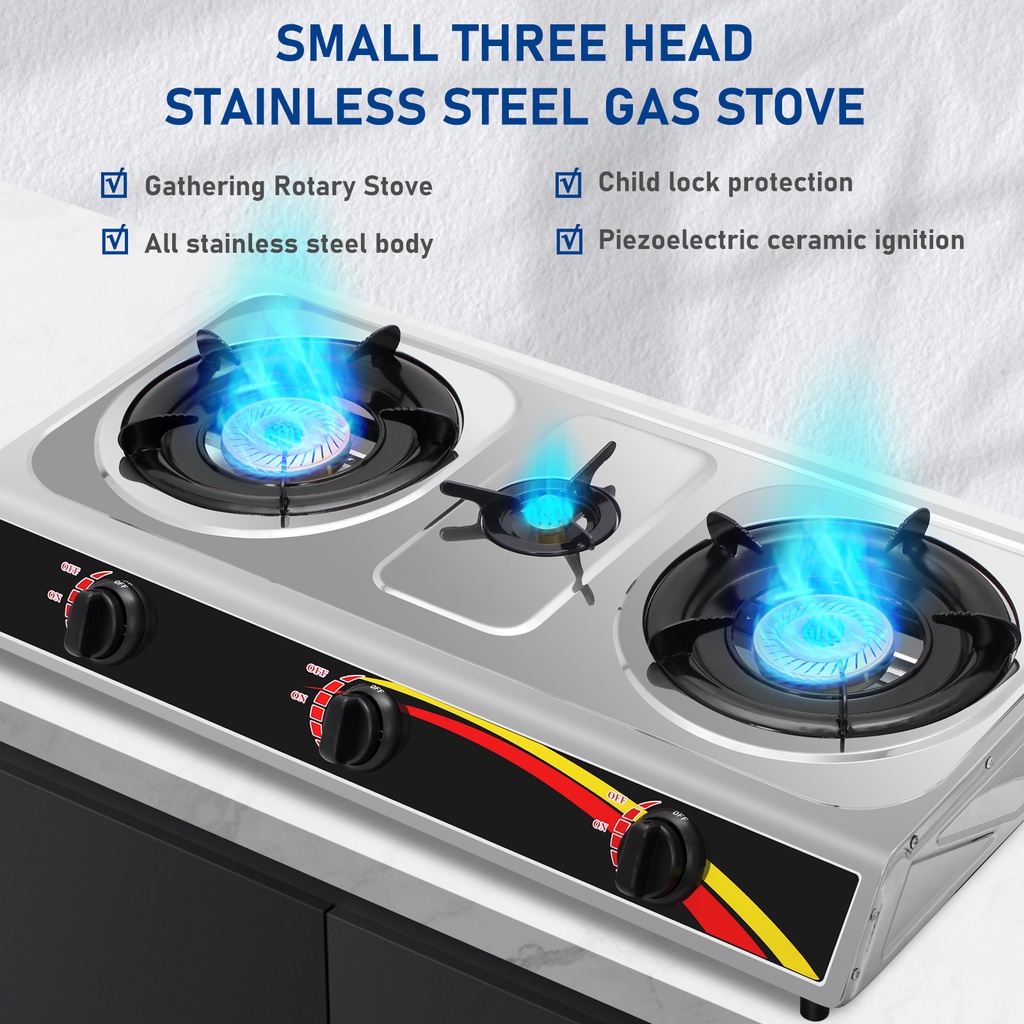 SUKINBO Three Burner Gas Stove Stainless Steel Gas Stove Liquefied Gas