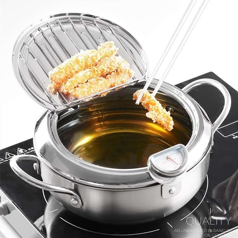Tempura Fryer Japanese Deep Fryer Cooker SUS 304 with Thermometer Pan